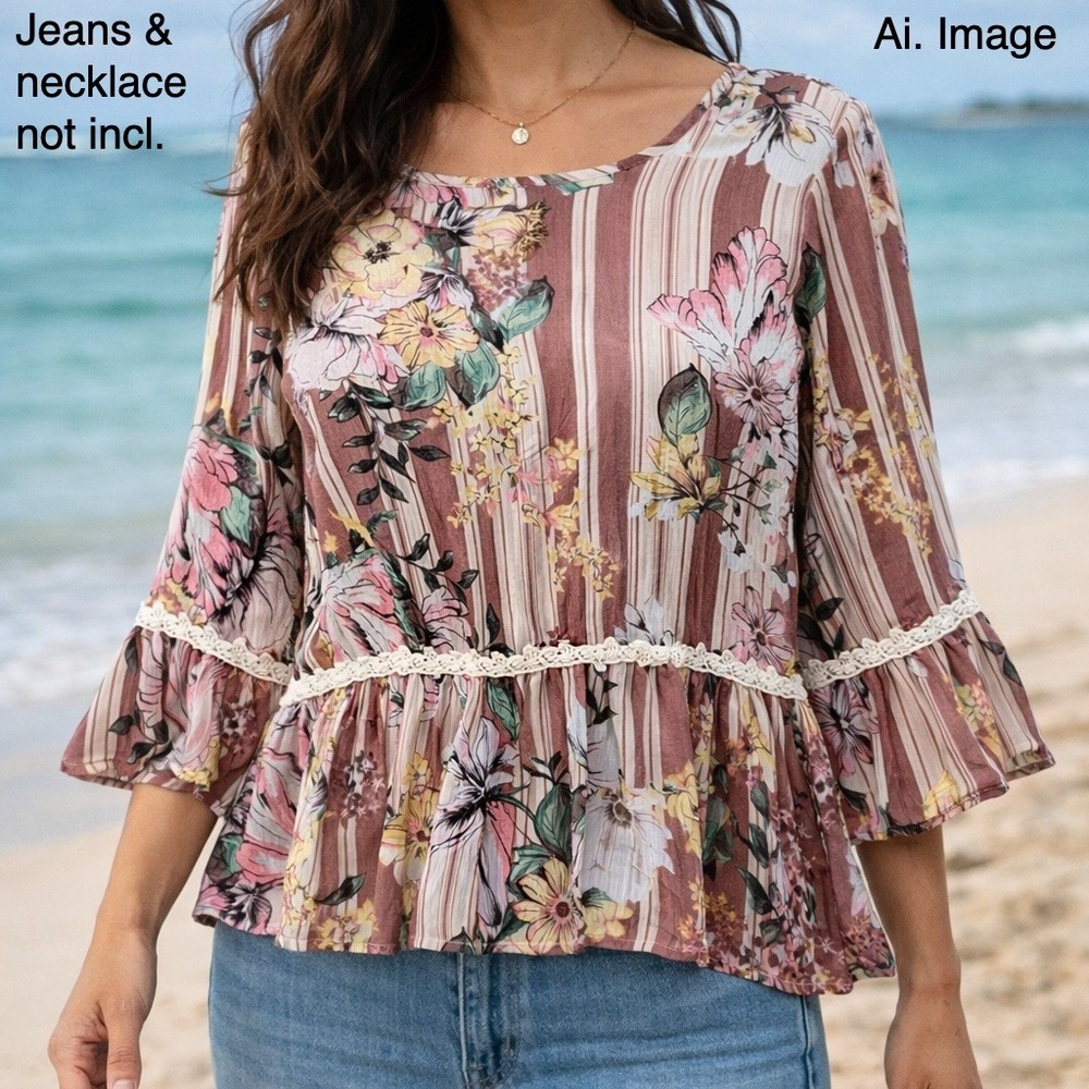 Melissa Paige Petite XL Floral Bell Sleeve Lace Peplum Top Cottagecore Peasant